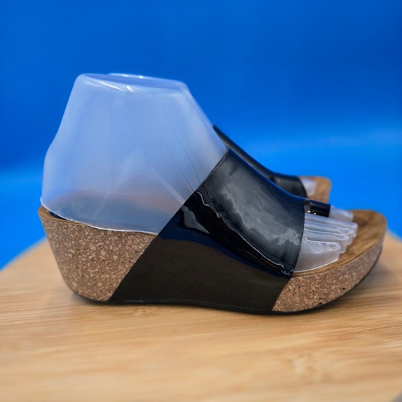 Donald Pliner Shoes - Donald Pliner Black Patent Cork Wedge‎ Sandals Women Size 7.5 Made in Italy